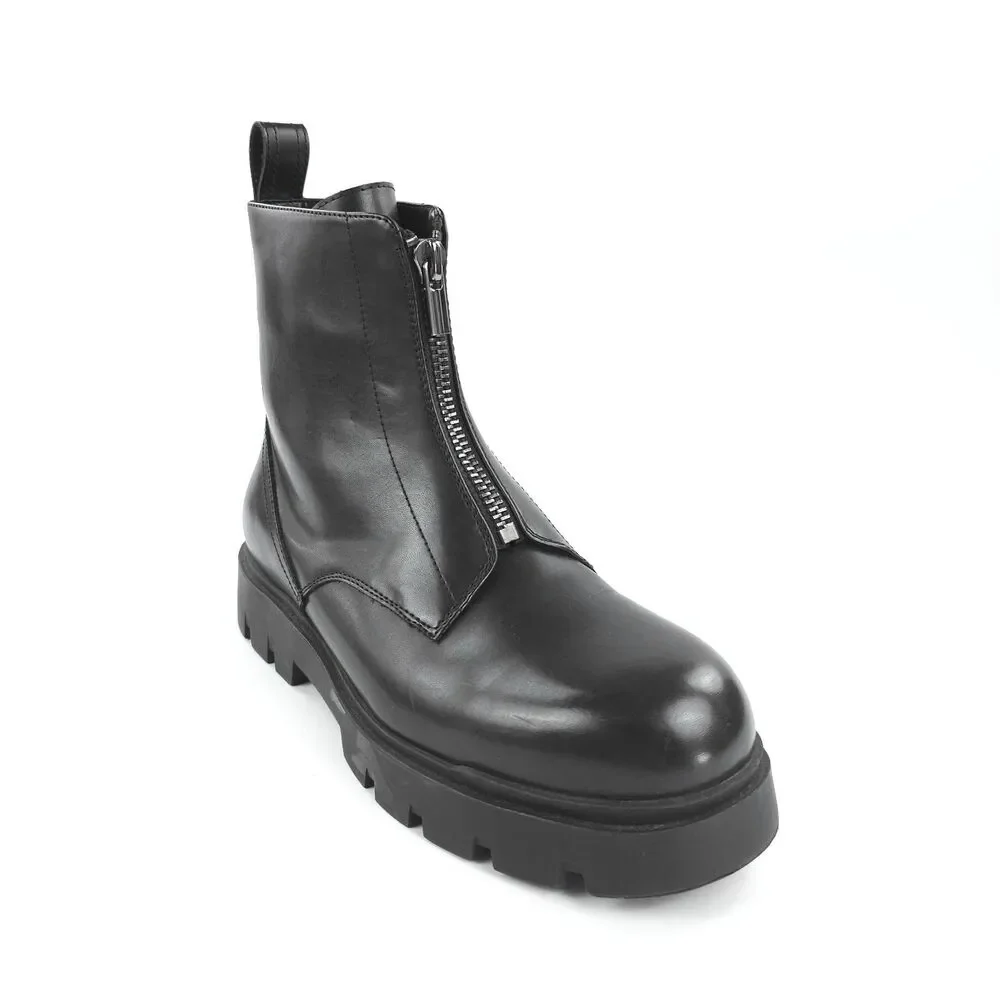 ZARA 100% Leather Lug Sole Zip Front Combat Boots Black Y2k Goth Grunge Indie
